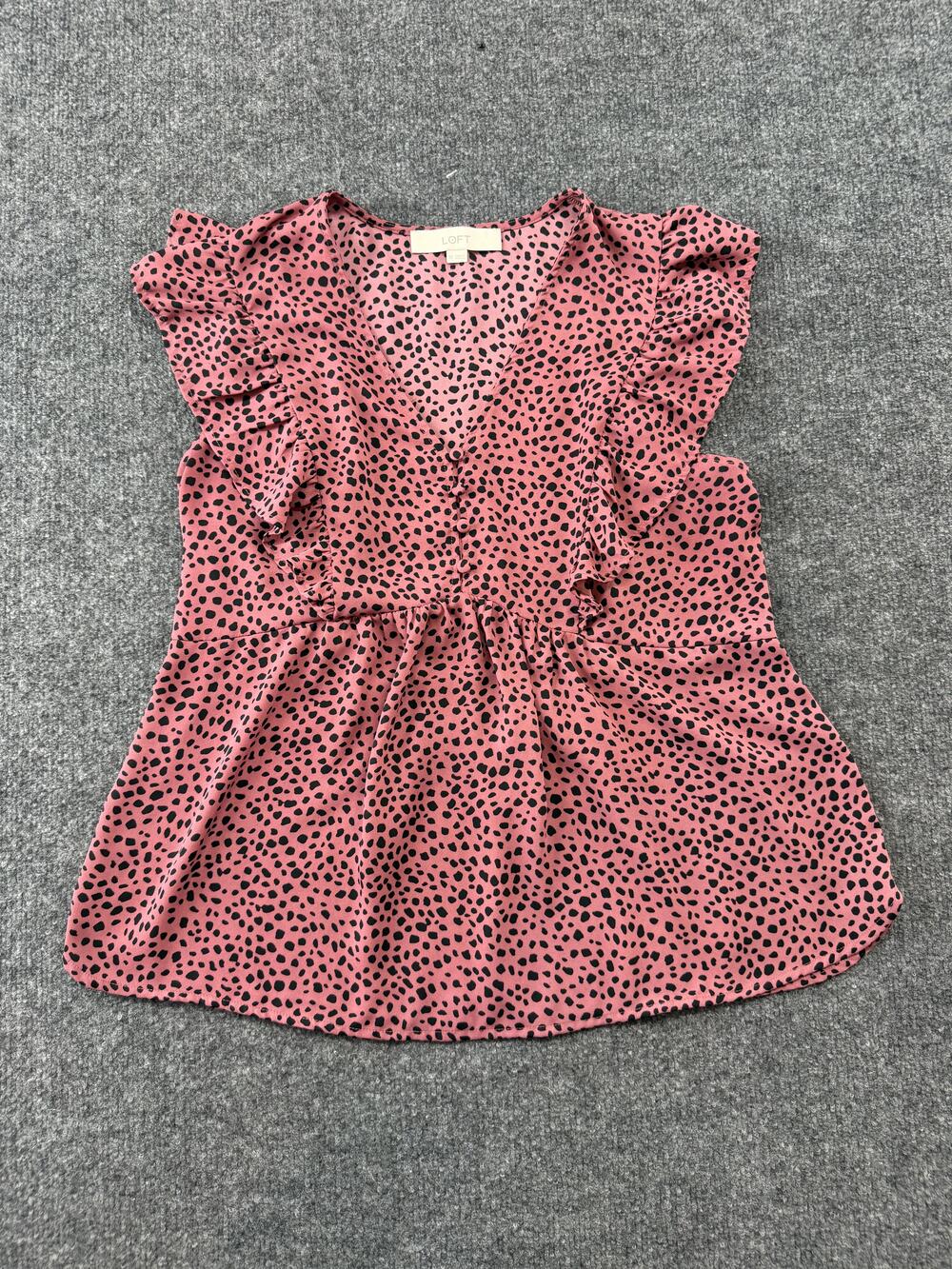 LOFT Blouse Womens XS Pink Animal Print Flutter Sleeve Button Front V Neck